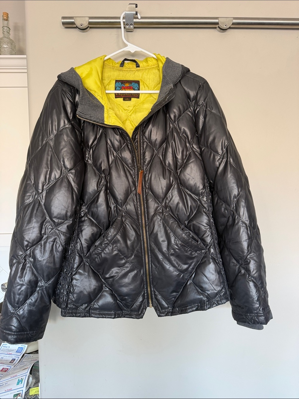 Eddie Bauer 1936 skylines model Black Puffer Jacket with Yellow Lining